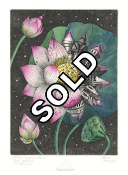 etching of a lotus plant that has become urbanized