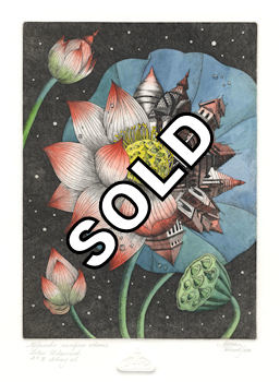 etching of a lotus plant that has become urbanized