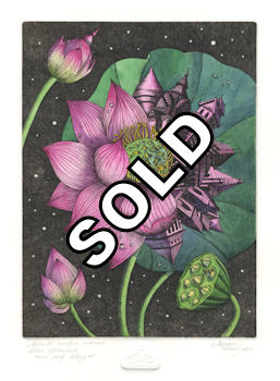 etching of an lotus plant that has become urbanized