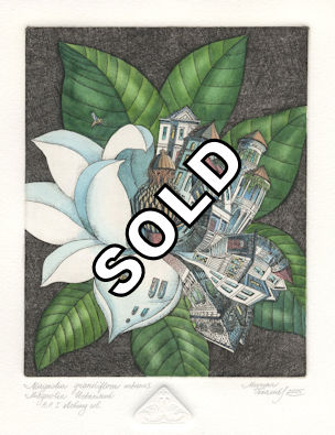 Urban buildings residing together with a magnolia seed pod flower