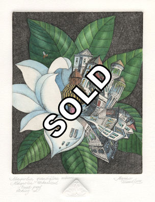 Urban buildings residing together with a magnolia seed pod flower