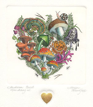 a fine art etching of an assortment of mushrooms in the form of a heart