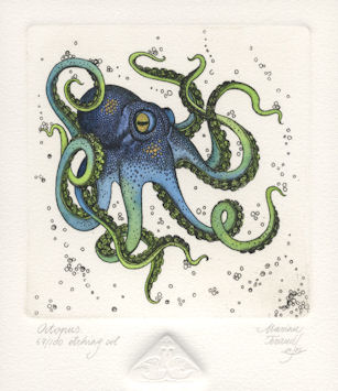 an etching of an octopus