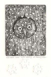 owl in tree cavity looking out at snow that is falling