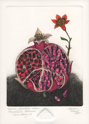 etching of a urbanized version of the pomegrante fruit