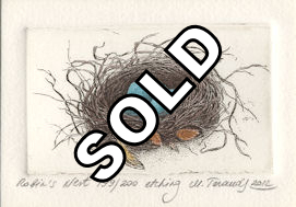 etching of a robin's nest