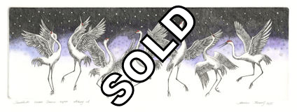 mid-size etching of sandhill cranes dancing