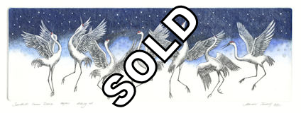 mid-size etching of sandhill cranes dancing