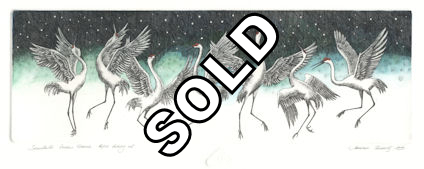 mid-size etching of sandhill cranes dancing