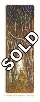 etching of a autumn scene of a trail through a woods