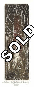 etching of a autumn scene of a trail through a woods