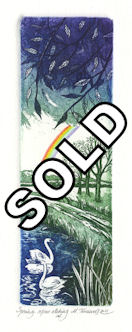 etching of a spring scene at a lake