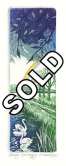 etching of a spring scene at a lake