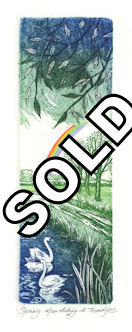 etching of a spring scene at a lake