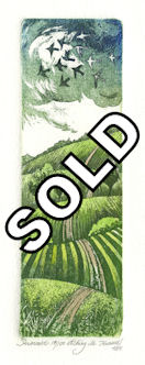 etching of a summer scene of rolling hills