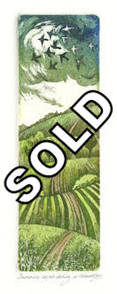 etching of a summer scene of rolling hills