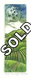 etching of a summer scene of rolling hills