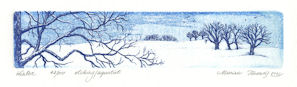 etching of a horizontal winter scene