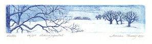 etching of a horizontal winter scene