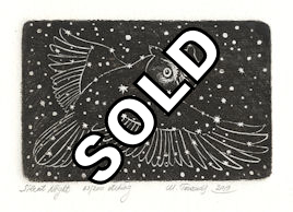 etching of an flying owl forming an imaginary constellation