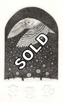 etching of a snowy owl in  winter flight with snow flakes