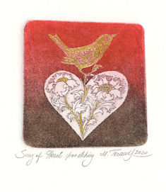 Image of a bird sitting on a heart filled with flowers