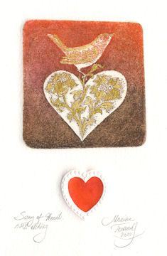 Image of a bird sitting on a heart filled with flowers