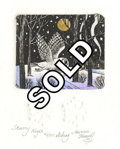 etching of an owl flying through a winter night landscape