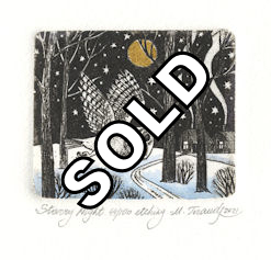 etching of an owl flying through a winter night landscape