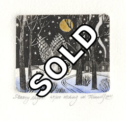 etching of an owl flying through a winter night landscape