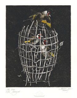 Birds assembling a collection of dried branches in the shape of a head