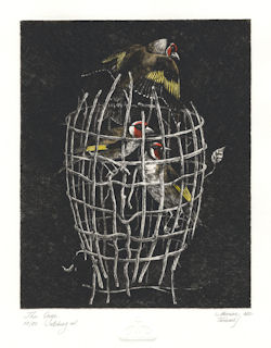 Birds assembling a collection of dried branches in the shape of a head