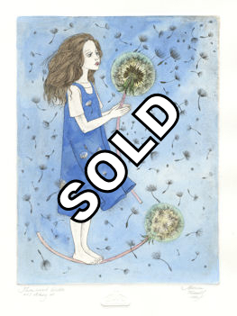 etching of a girl blowing on a dandelion