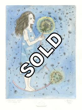 etching of a girl blowing on a dandelion