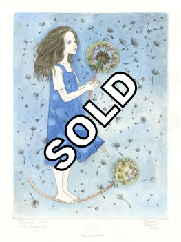 etching of a girl blowing on a dandelion