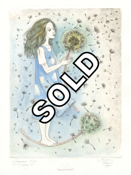 etching of a girl blowing on a dandelion