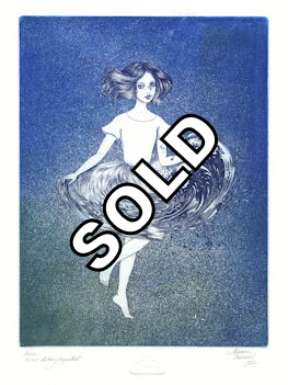 etching of a girl who has a skirt that is a water wave