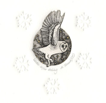 etching of a barn owl against the backdrop of stars during the winter