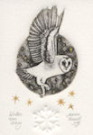 an etching of a owl flying through a winter scene